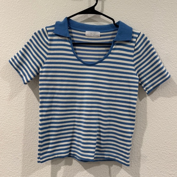 Oak + Fort Knit Blue White Striped Cropped Collared Short Sleeve Tee Size Small - Picture 2 of 14